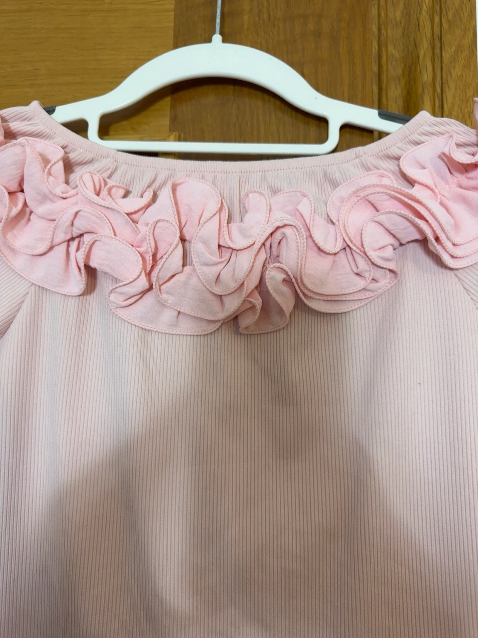 Pink bardot ribbed blouse with ruffle S-M – photo 2